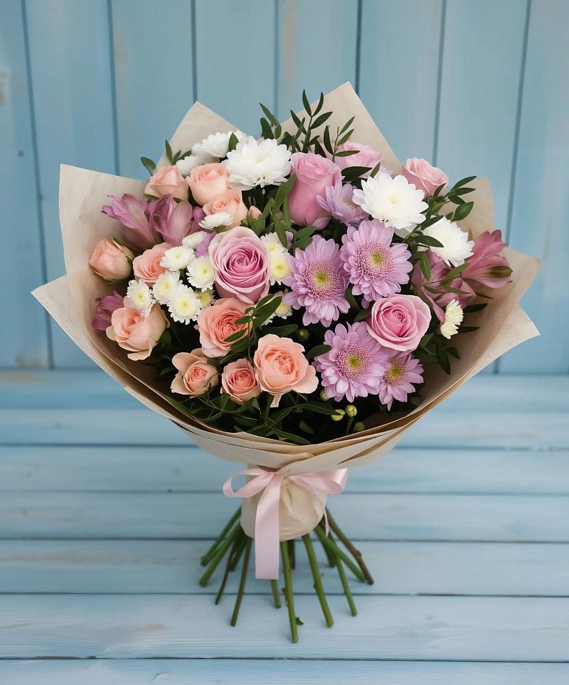 Букет цветов из: Хризантемы, Розы и Альстромерии в Чанах