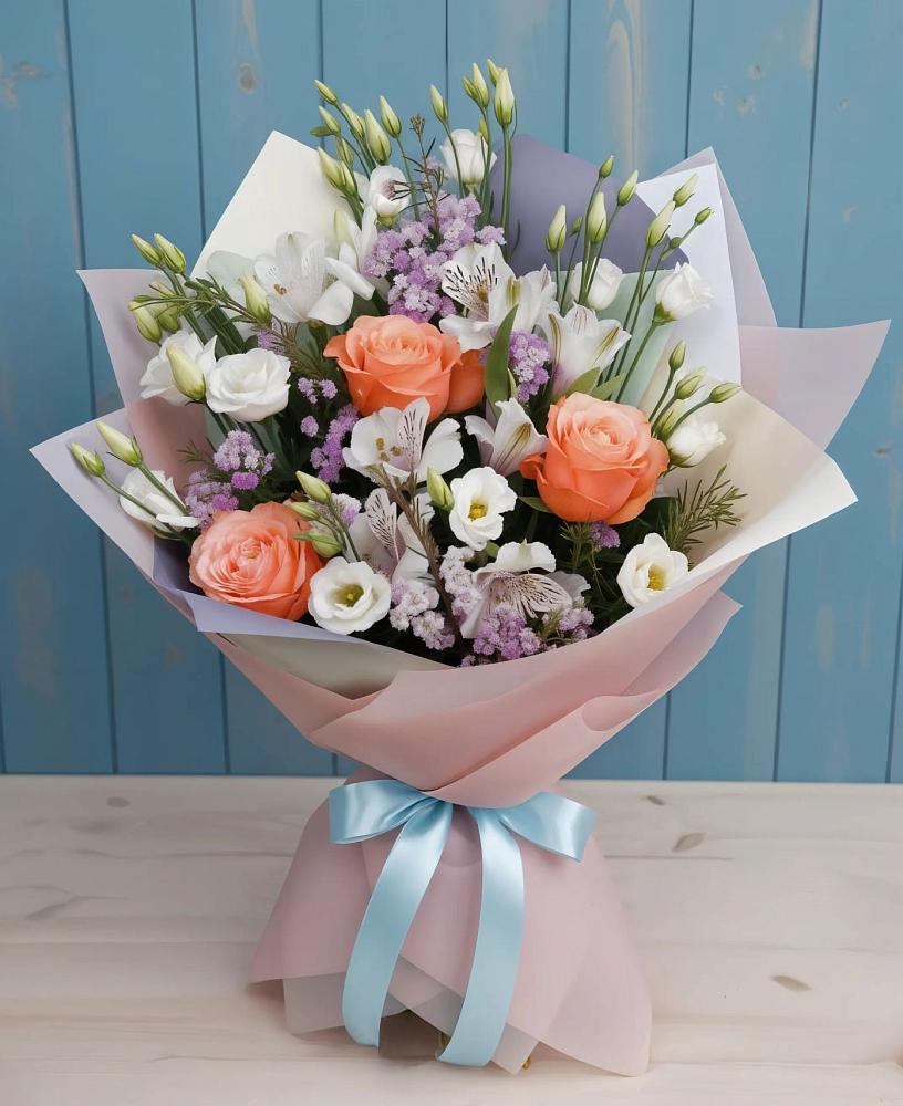 Букет цветов из: Лизиантусы, Розы, Альстромерии и Гипсофила в Чанах