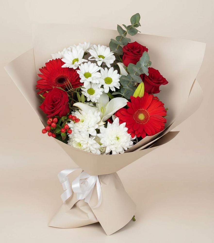 Букет цветов из: Розы, Хризантемы, Герберы и Лилии в Чанах