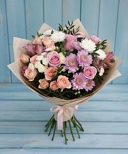 Букет цветов из:  Хризантемы, Розы и Альстромерии в Чанах