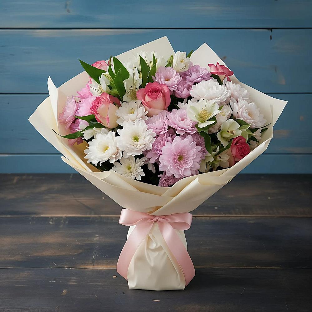 Букет цветов из: Хризантемы, Альстромерии и Розы в Чанах